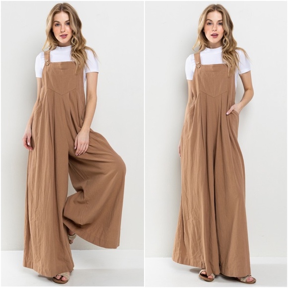 Pants - 019 Mocha Linen Button Wide Leg Jumpsuit